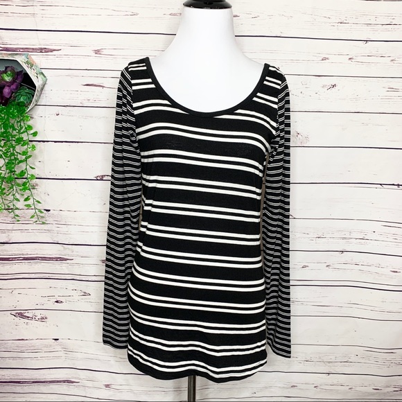 POOF Black & White Contrasting Stripes Long Sleeve Casual Shirt Top Size Medium - Picture 4 of 9
